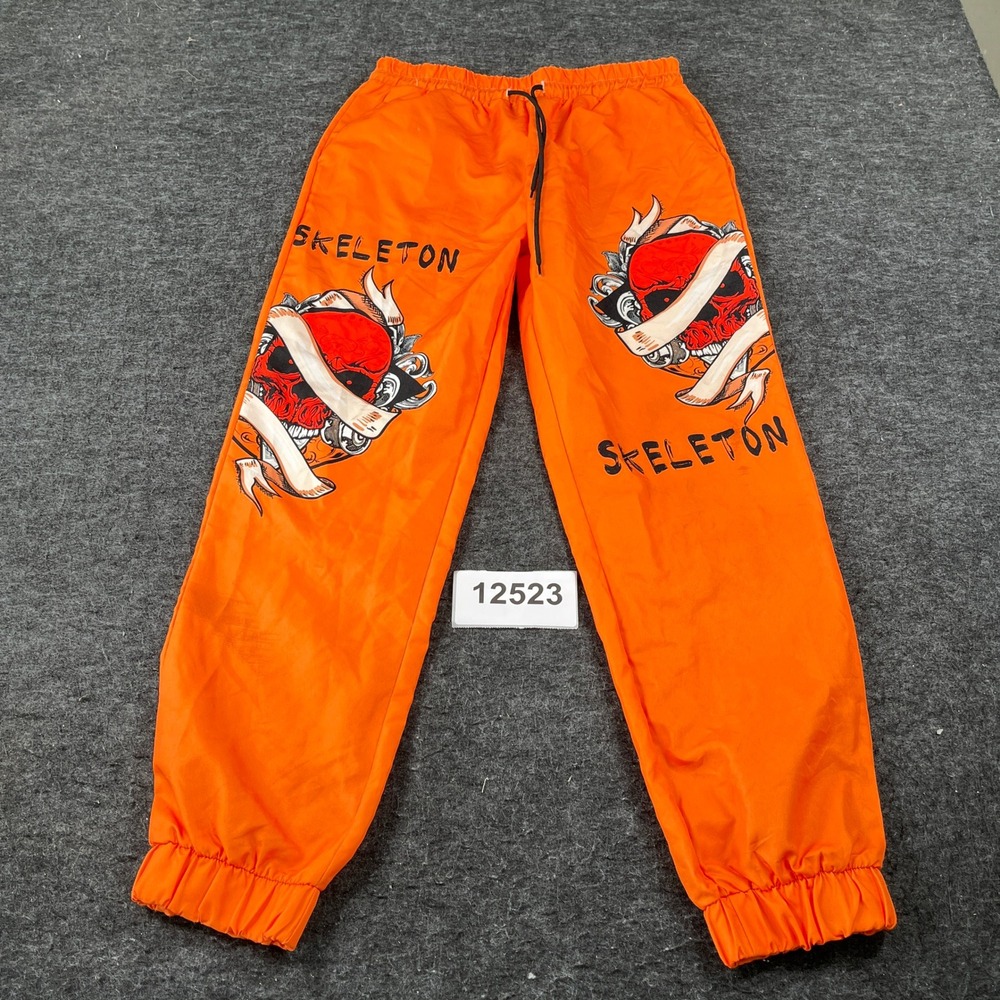 Romwe Jogger Pants Mens Small Orange Cotton Skeleton Skull Graphic Tapered Leg